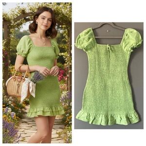 Green Smocked Puff Sleeve Mini Dress L Cottagecore Soft Girl